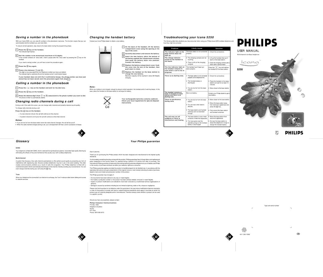 Philips 5250 Saving a number in the phonebook, Changing the handset battery Troubleshooting your Icana, D2NS 