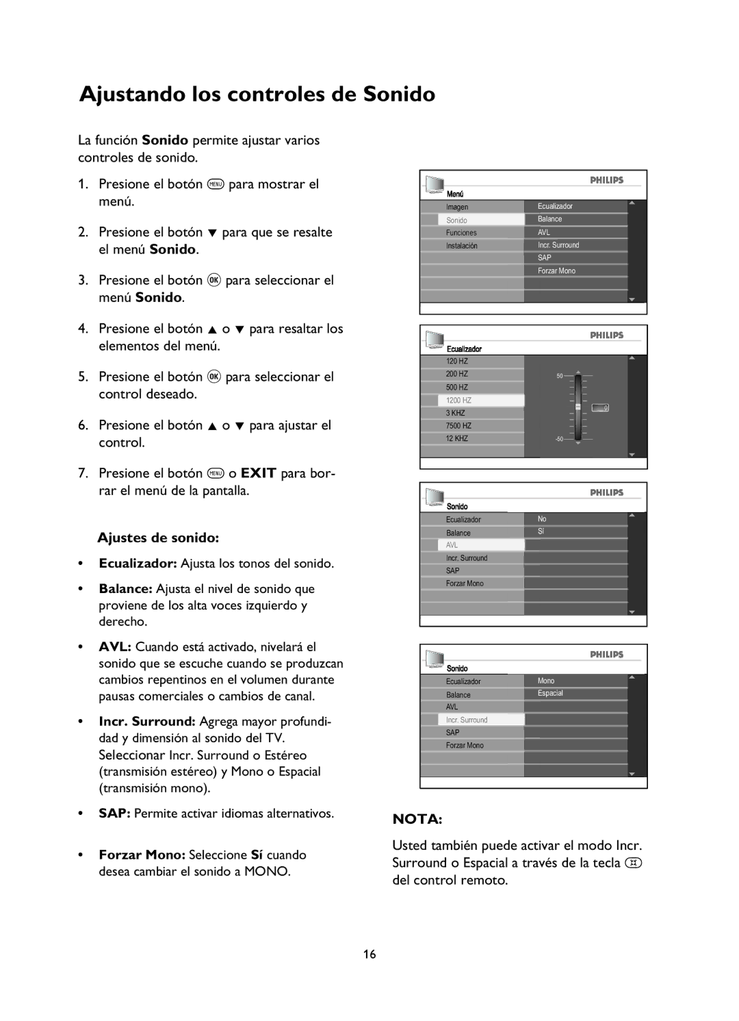 Philips 52PFL5432, 42PFL7342, 42PFL5432, 26PFL5322, 32PFL7342, 37PFL5332 Ajustando los controles de Sonido, Ajustes de sonido 