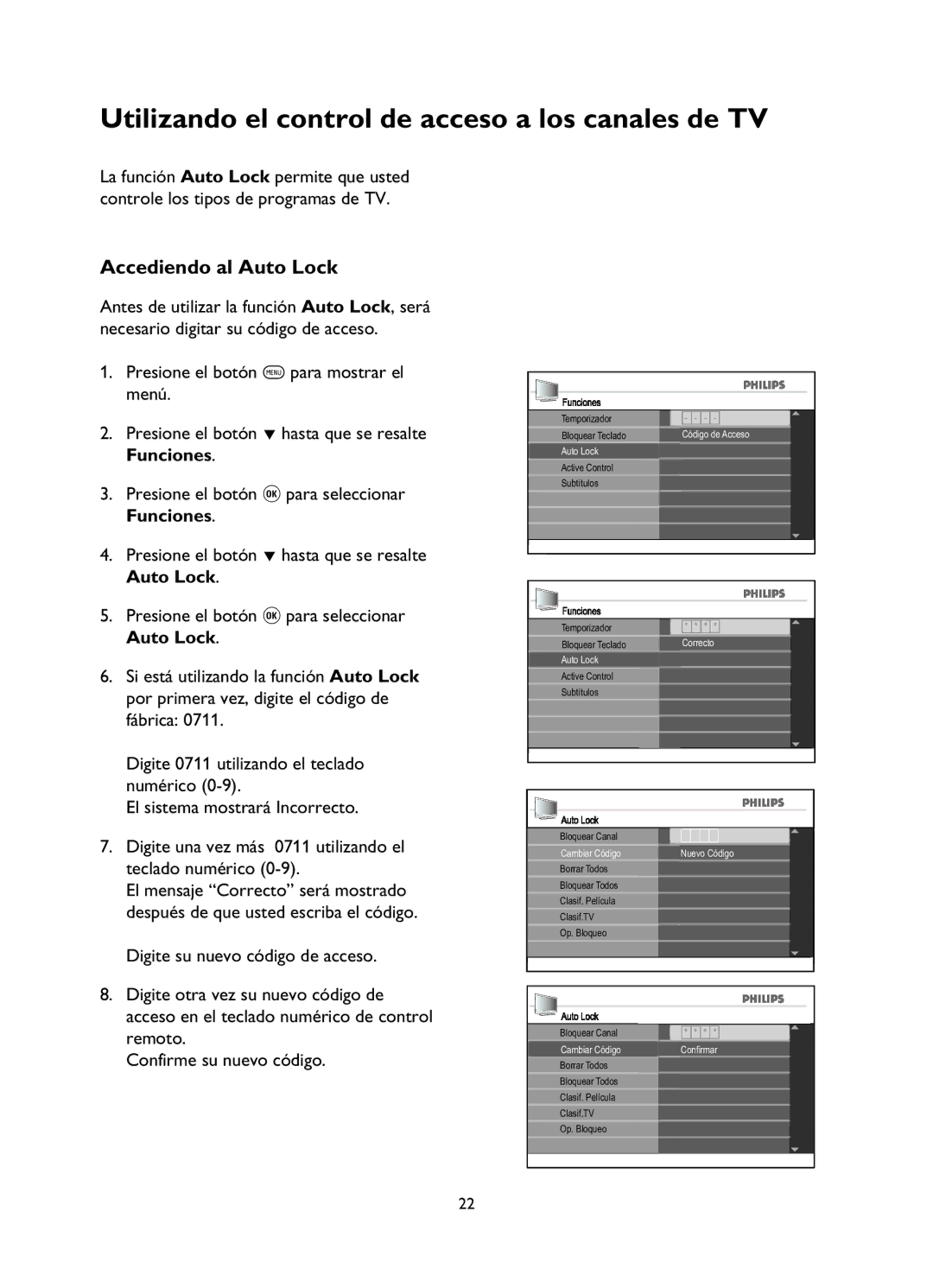 Philips 42PFL5332, 52PFL5432, 42PFL7342 manual Utilizando el control de acceso a los canales de TV, Accediendo al Auto Lock 