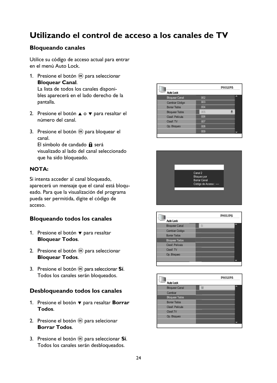 Philips 52PFL5432, 42PFL7342, 42PFL5432 Bloqueando canales, Bloqueando todos los canales, Desbloqueando todos los canales 