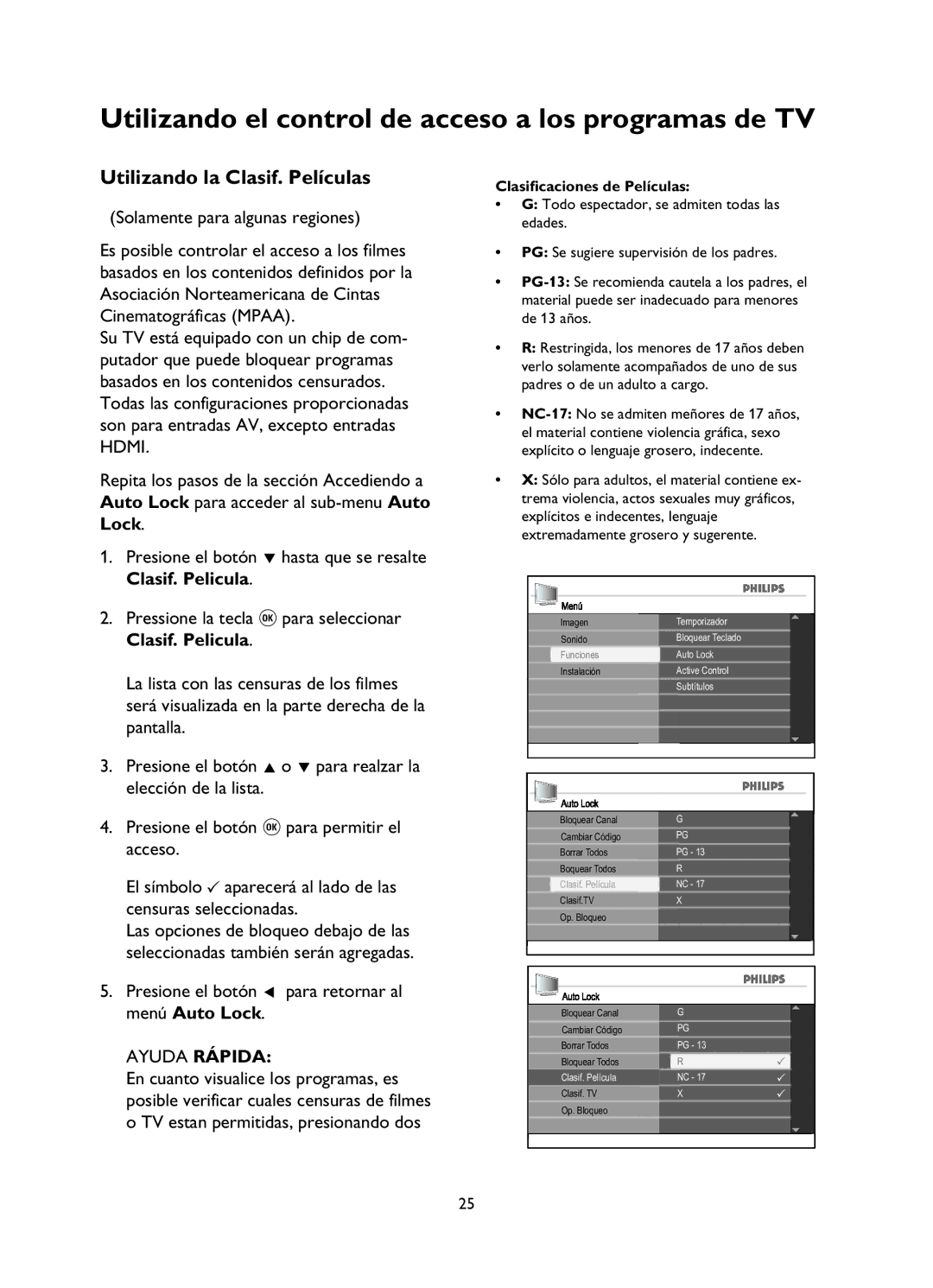 Philips 42PFL7342 Utilizando el control de acceso a los programas de TV, Utilizando la Clasif. Películas, Ayuda Rápida 