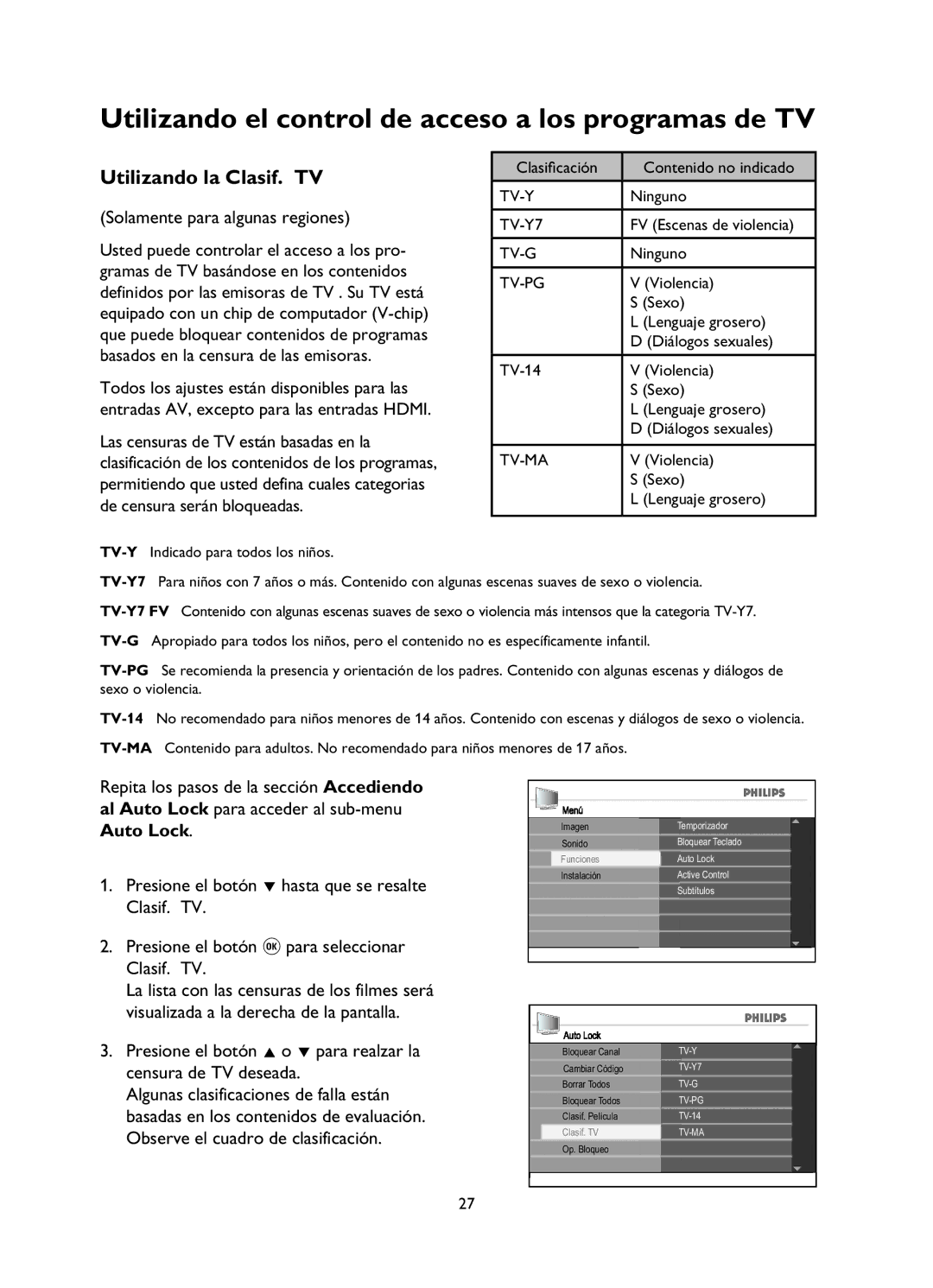 Philips 26PFL5322, 52PFL5432, 42PFL7342, 42PFL5432, 32PFL7342, 37PFL5332, 42PFL5332, 32PFL5332 Utilizando la Clasif. TV, Tv-Pg 
