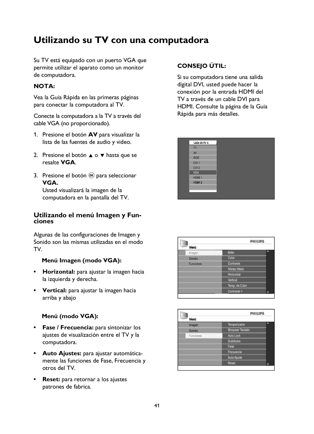 Philips 42PFL7342 Utilizando su TV con una computadora, Utilizando el menú Imagen y Fun- ciones, Vga, Menú Imagen modo VGA 