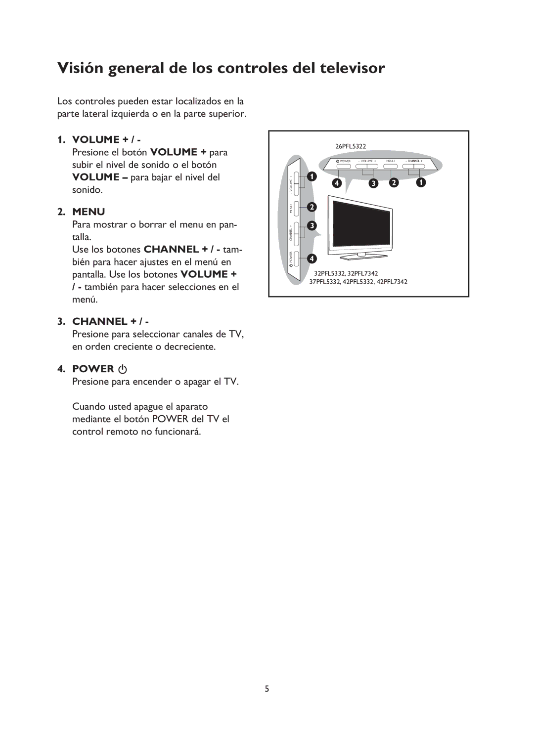 Philips 37PFL5332, 52PFL5432, 42PFL7342 Visión general de los controles del televisor, Volume +, Menu, Channel +, Power 