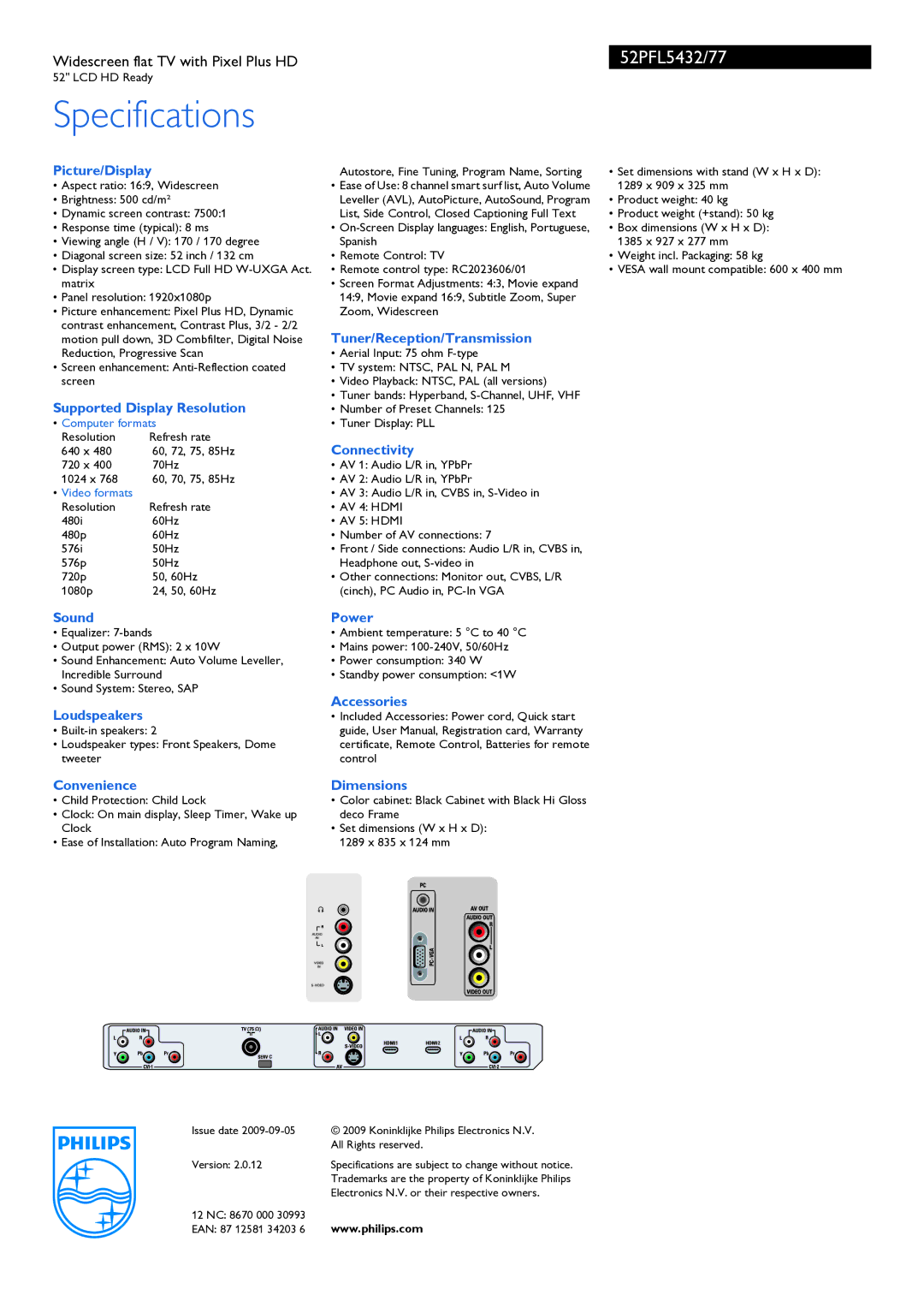 Philips 52PFL5432/77 manual Specifications 