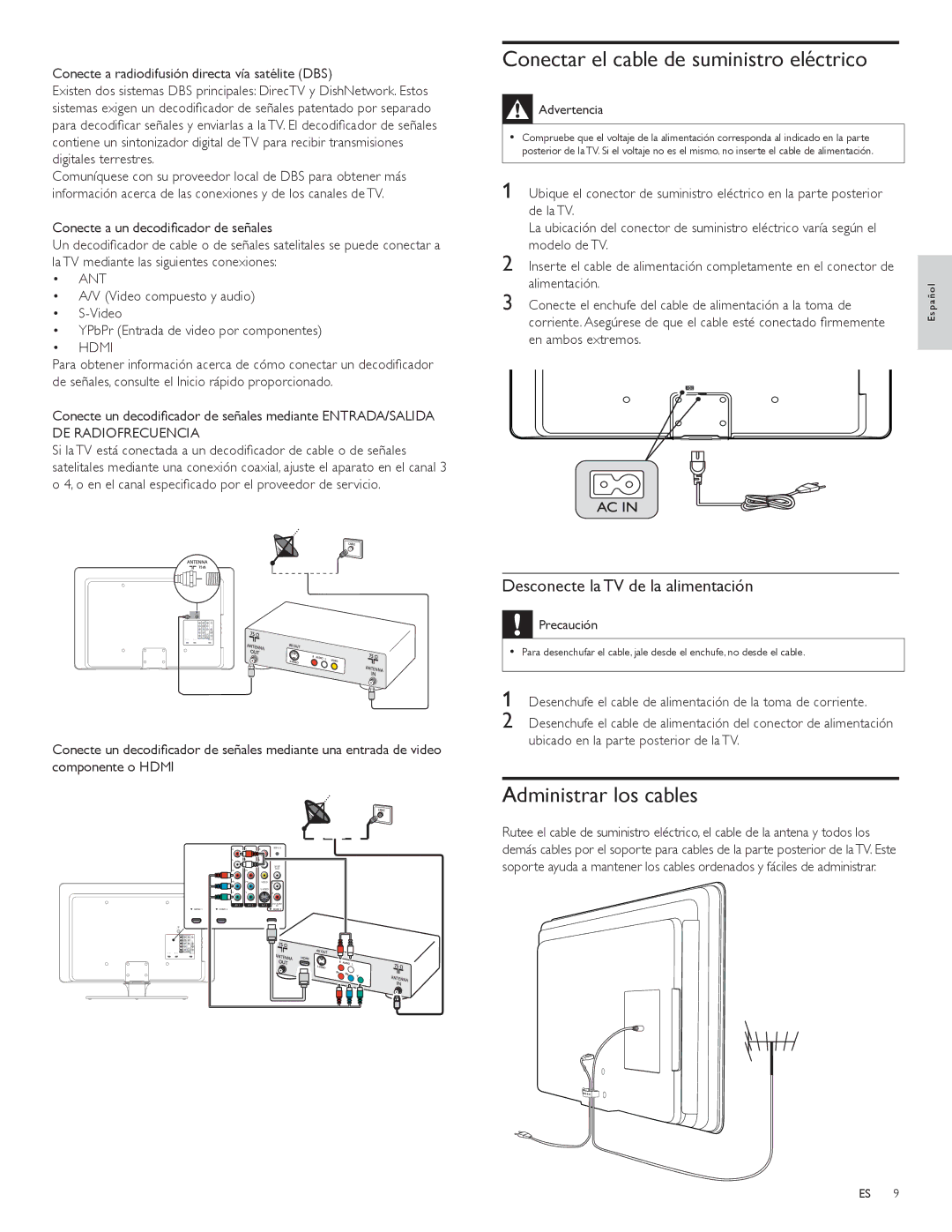 Philips 42PFL5704D Conectar el cable de suministro eléctrico, Administrar los cables, Desconecte la TV de la alimentación 