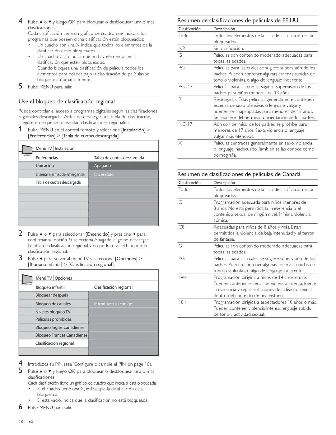 Philips 52PFL3704D, 52PFL5704D Use el bloqueo de clasiﬁcación regional, Resumen de clasiﬁcaciones de películas de EE.UU 