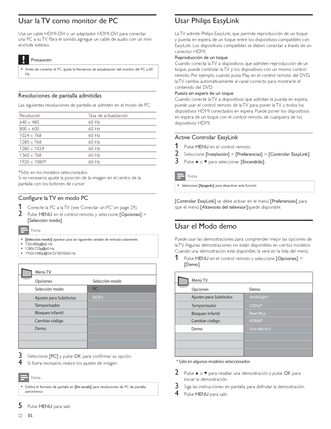 Philips 52PFL3704D, 52PFL5704D, 47PFL3704D Usar la TV como monitor de PC, Usar Philips EasyLink, Usar el Modo demo 