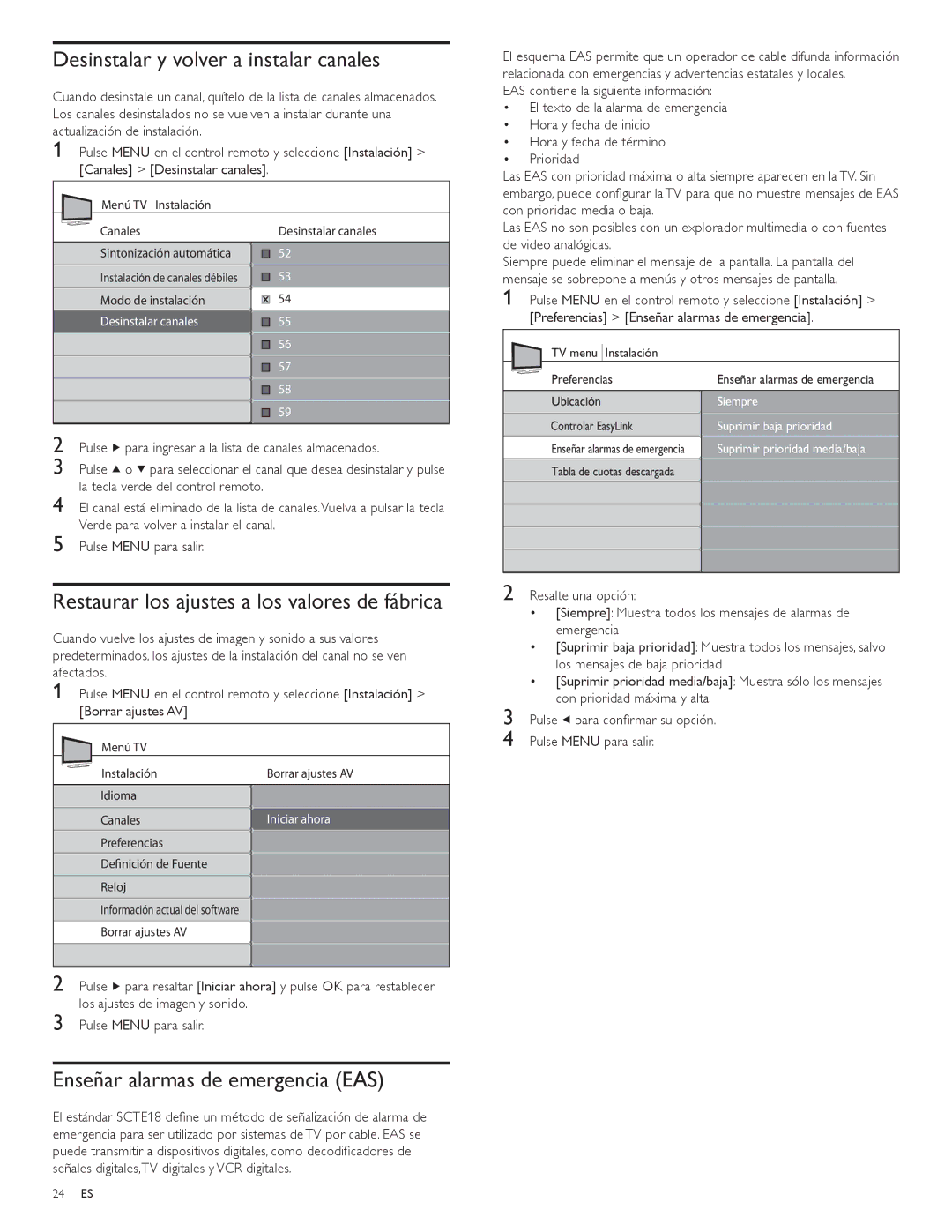 Philips 47PFL3704D, 52PFL5704D Desinstalar y volver a instalar canales, Restaurar los ajustes a los valores de fábrica 