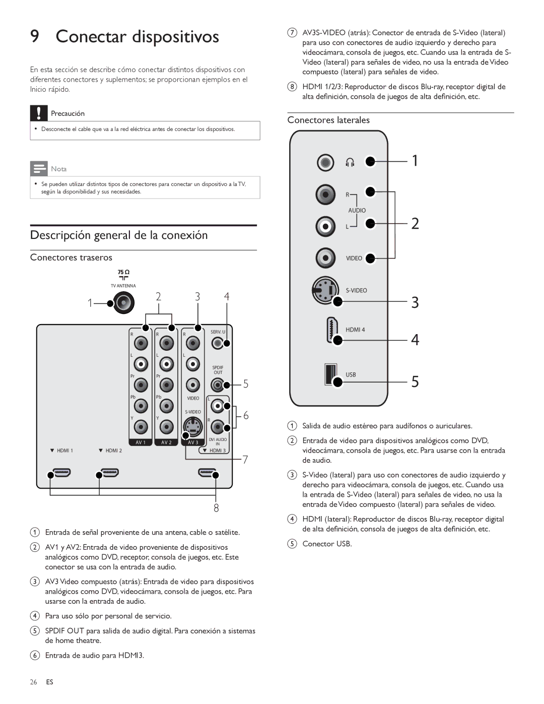 Philips 52PFL3704D Conectar dispositivos, Descripción general de la conexión, Conectores traseros, Conectores laterales 