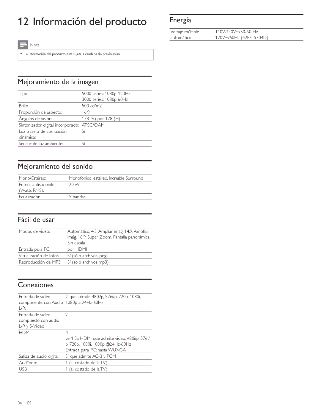 Philips 52PFL3704D, 52PFL5704D, 47PFL3704D, 42PFL5704D user manual Información del producto 