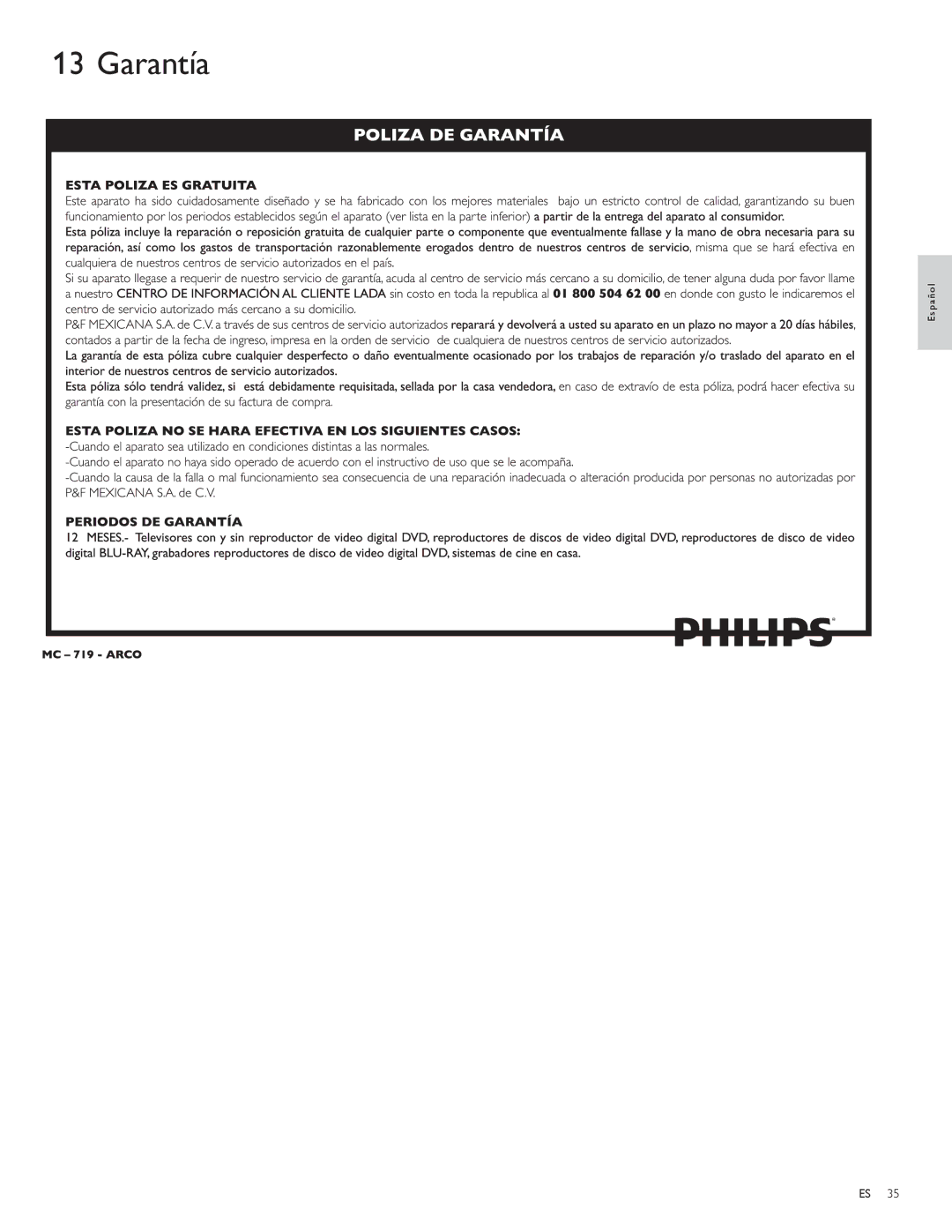 Philips 52PFL5704D, 47PFL3704D, 42PFL5704D, 52PFL3704D user manual Garantía 