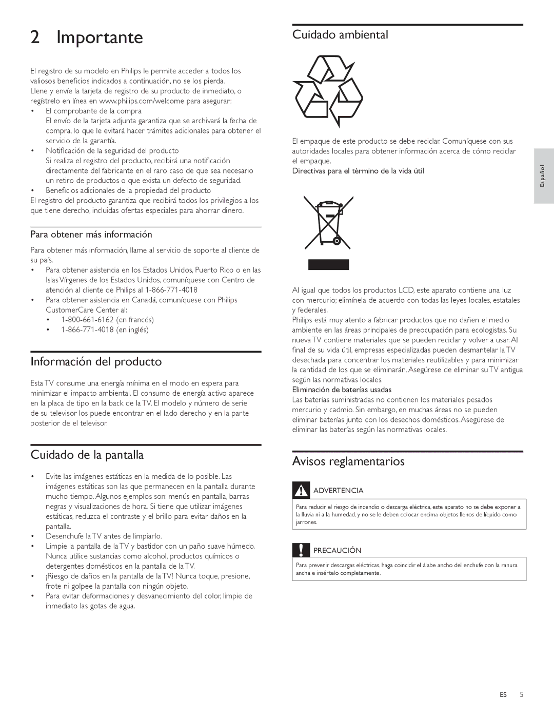 Philips 42PFL5704D Importante, Información del producto, Cuidado de la pantalla, Cuidado ambiental, Avisos reglamentarios 