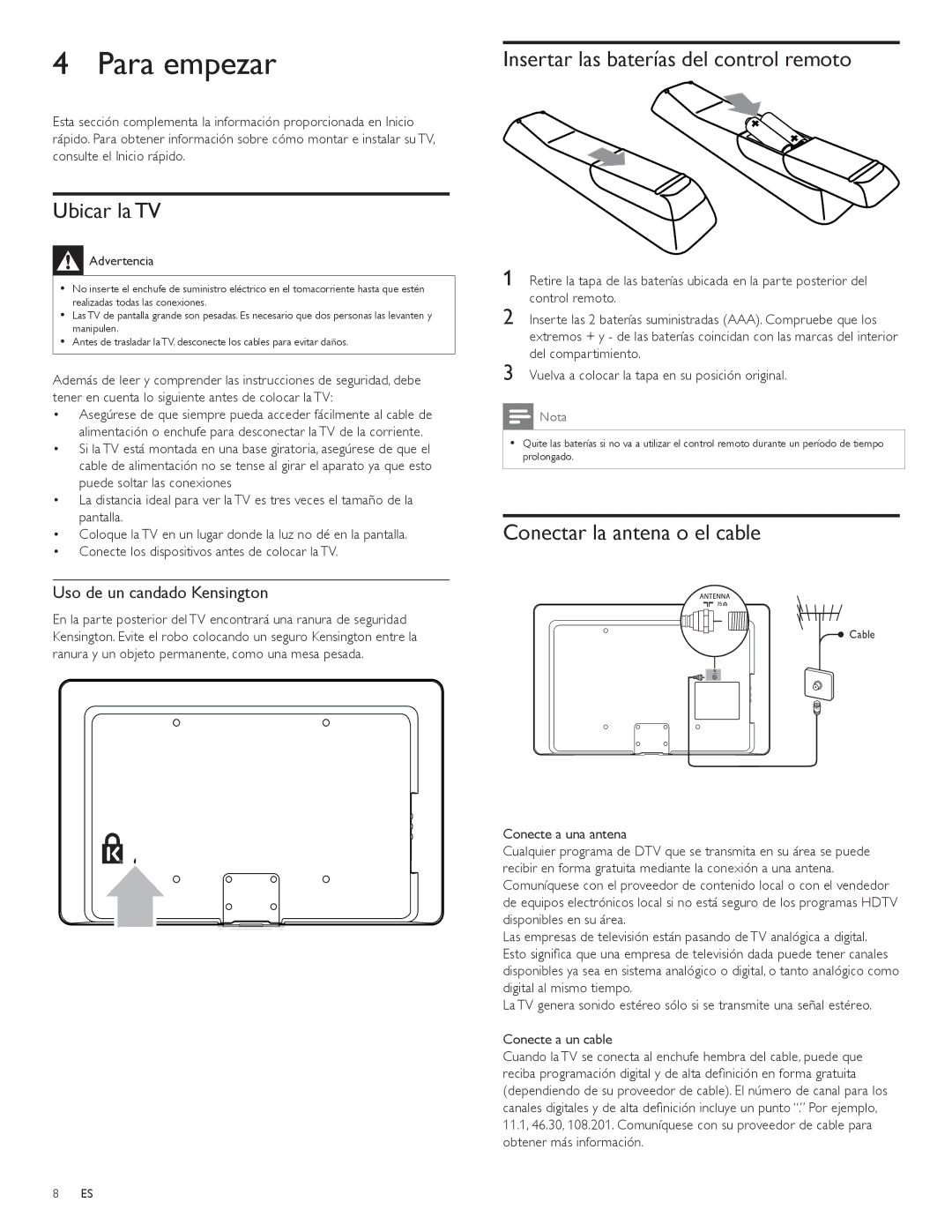 Philips 47PFL3704D Para empezar, Ubicar la TV, Insertar las baterías del control remoto, Conectar la antena o el cable 