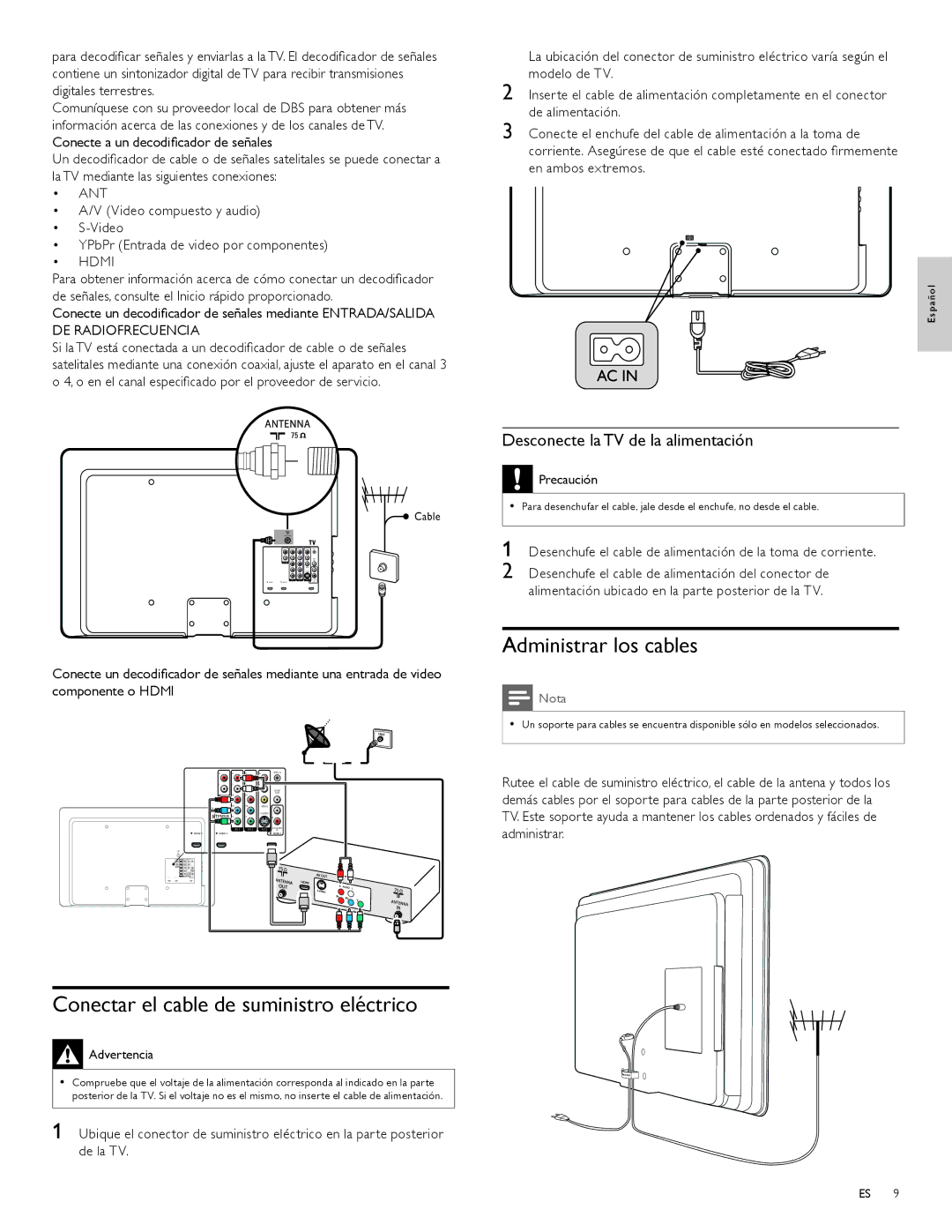 Philips 32PFL7704D Administrar los cables, Conectar el cable de suministro eléctrico, Desconecte la TV de la alimentación 