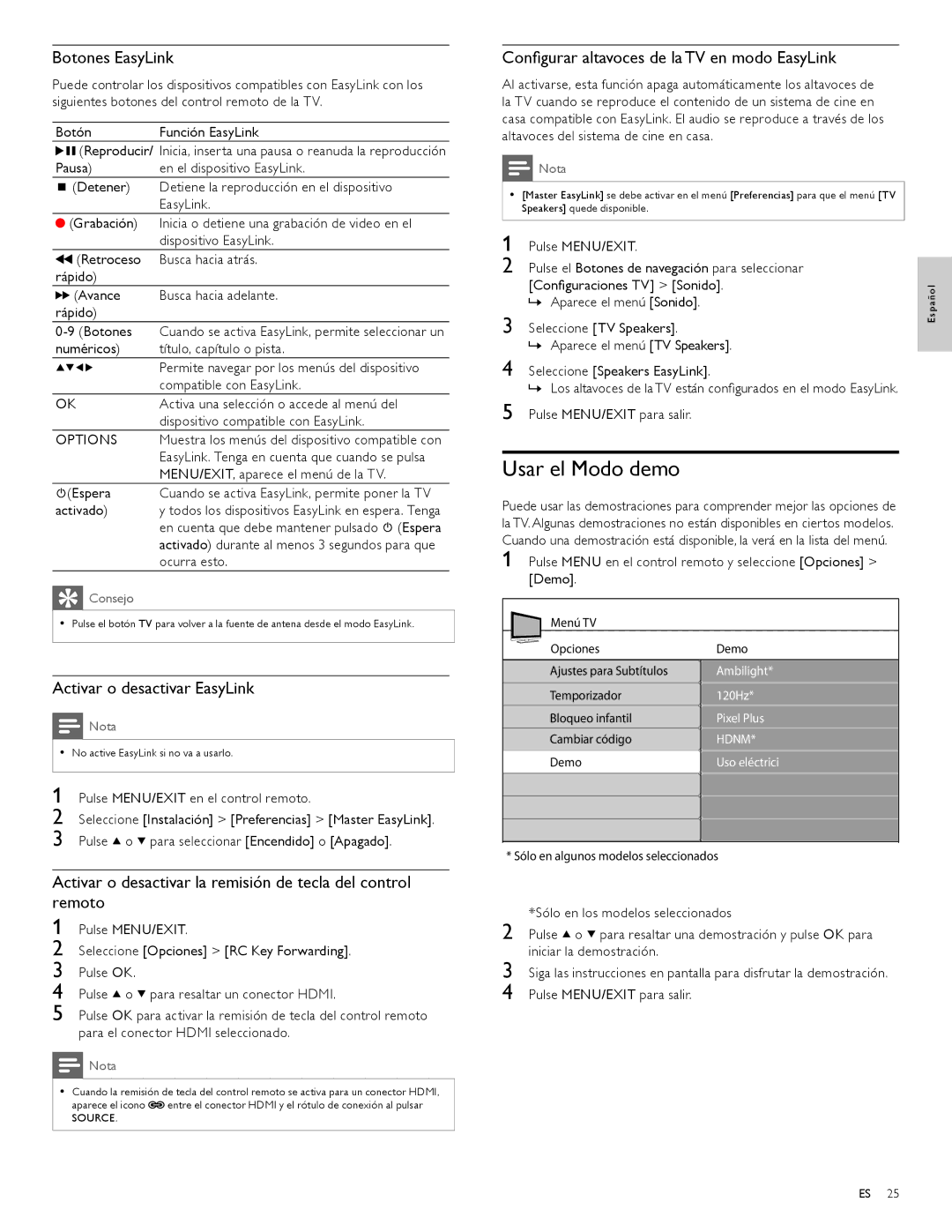 Philips 47PFL6704D, 52PFL6704D, 42PFL6704D, 32PFL6704D Usar el Modo demo, Botones EasyLink, Activar o desactivar EasyLink 