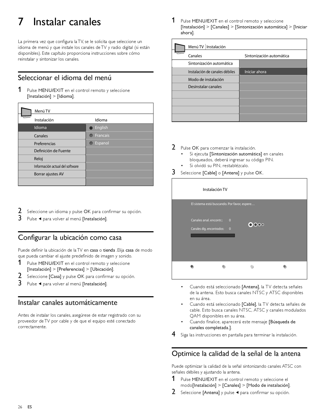Philips 47PFL7704D, 52PFL6704D Instalar canales, Seleccionar el idioma del menú, Conﬁgurar la ubicación como casa 