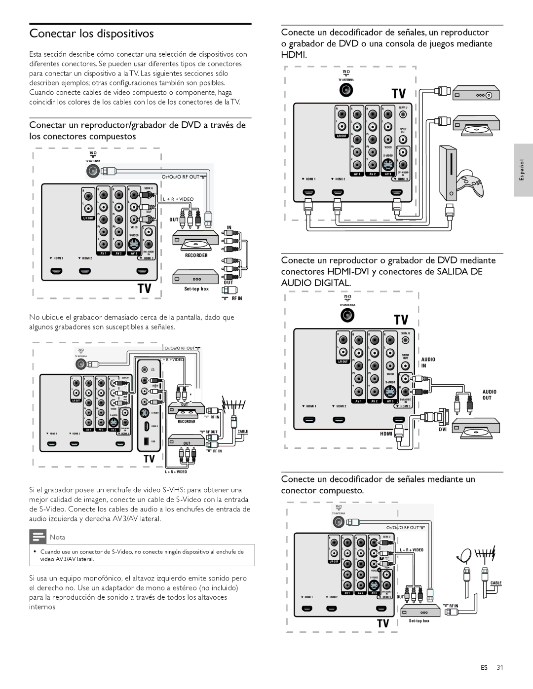 Philips 42PFL7704D, 52PFL6704D, 42PFL6704D, 32PFL6704D, 32PFL7704D, 47PFL6704D, 47PFL7704D user manual Conectar los dispositivos 