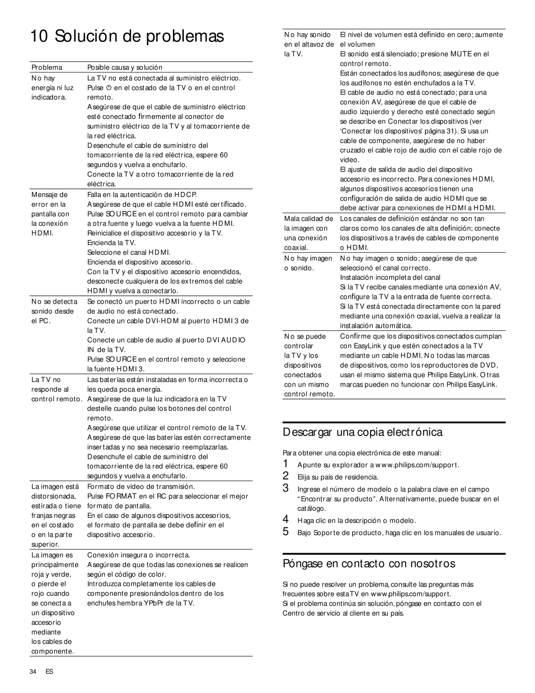 Philips 52PFL6704D, 42PFL6704D Solución de problemas, Descargar una copia electrónica, Póngase en contacto con nosotros 