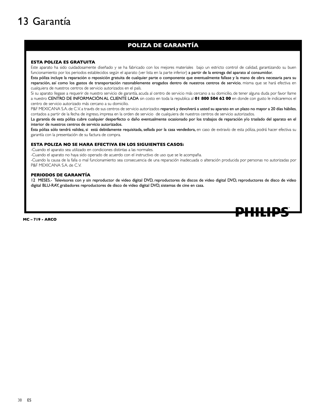 Philips 42PFL7704D, 52PFL6704D, 42PFL6704D, 32PFL6704D, 32PFL7704D, 47PFL6704D, 47PFL7704D user manual Garantía 