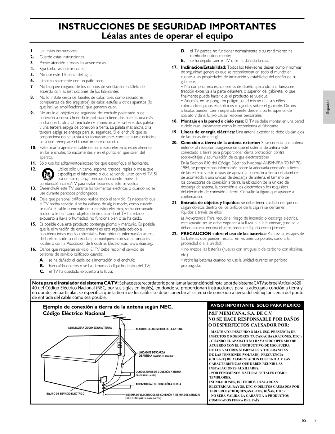 Philips 42PFL7704D, 52PFL6704D, 42PFL6704D, 32PFL6704D, 32PFL7704D, 47PFL6704D Instrucciones DE Seguridad Importantes 