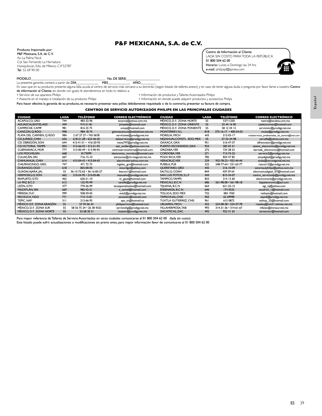 Philips 47PFL6704D, 52PFL6704D, 42PFL6704D, 32PFL6704D, 32PFL7704D, 42PFL7704D, 47PFL7704D user manual P a ñ o l 