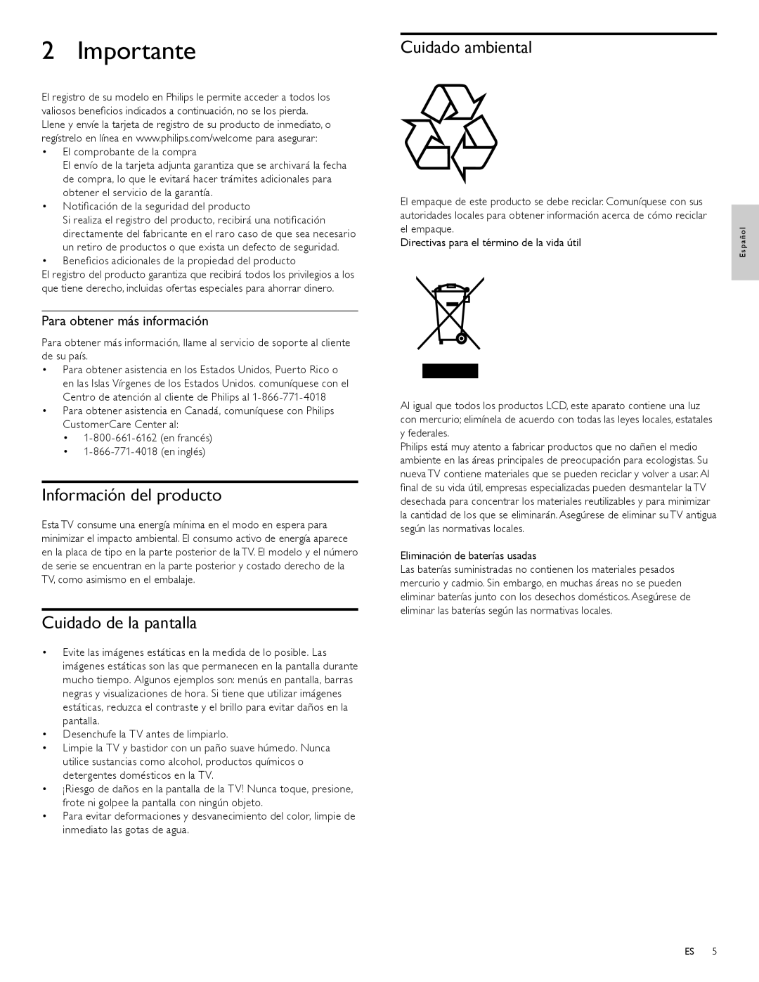 Philips 47PFL7704D, 52PFL6704D, 42PFL6704D Importante, Información del producto, Cuidado de la pantalla, Cuidado ambiental 