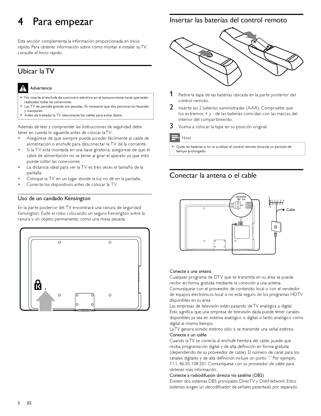 Philips 32PFL6704D Para empezar, Insertar las baterías del control remoto, Ubicar la TV, Conectar la antena o el cable 