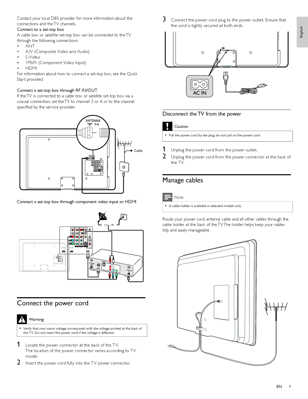 Philips 52PFL7704D, 52PFL6704D Connect the power cord, Manage cables, Disconnect the TV from the power, Ant, Hdmi 