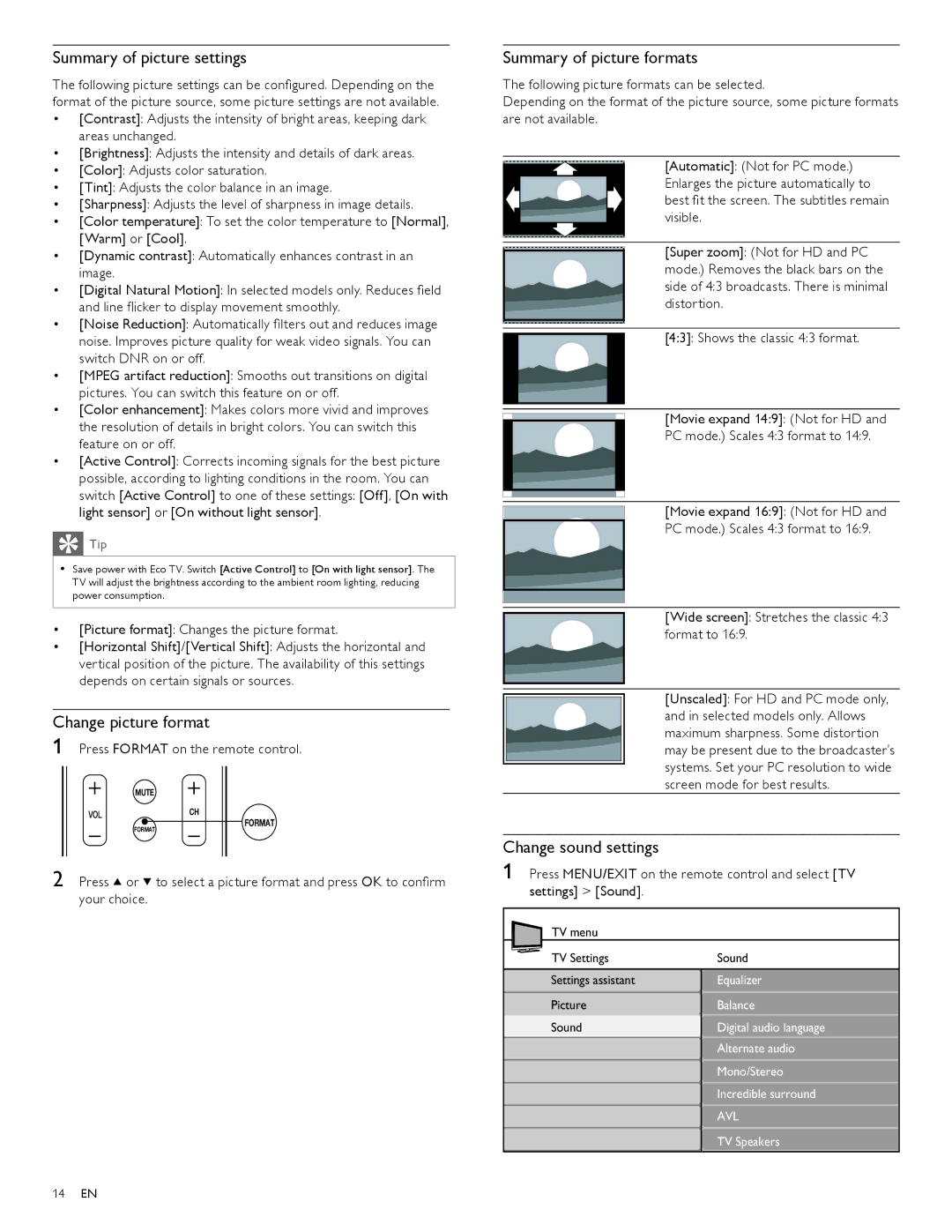 Philips 52PFL6704D Summary of picture settings, Change picture format, Summary of picture formats, Change sound settings 