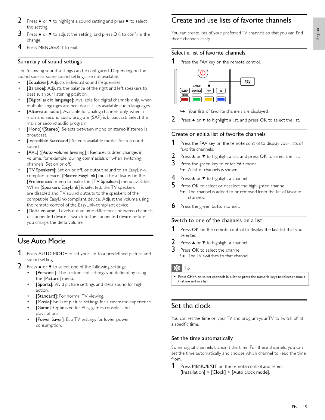 Philips 42PFL6704D, 52PFL6704D, 32PFL6704D Use Auto Mode, Create and use lists of favorite channels, Set the clock 