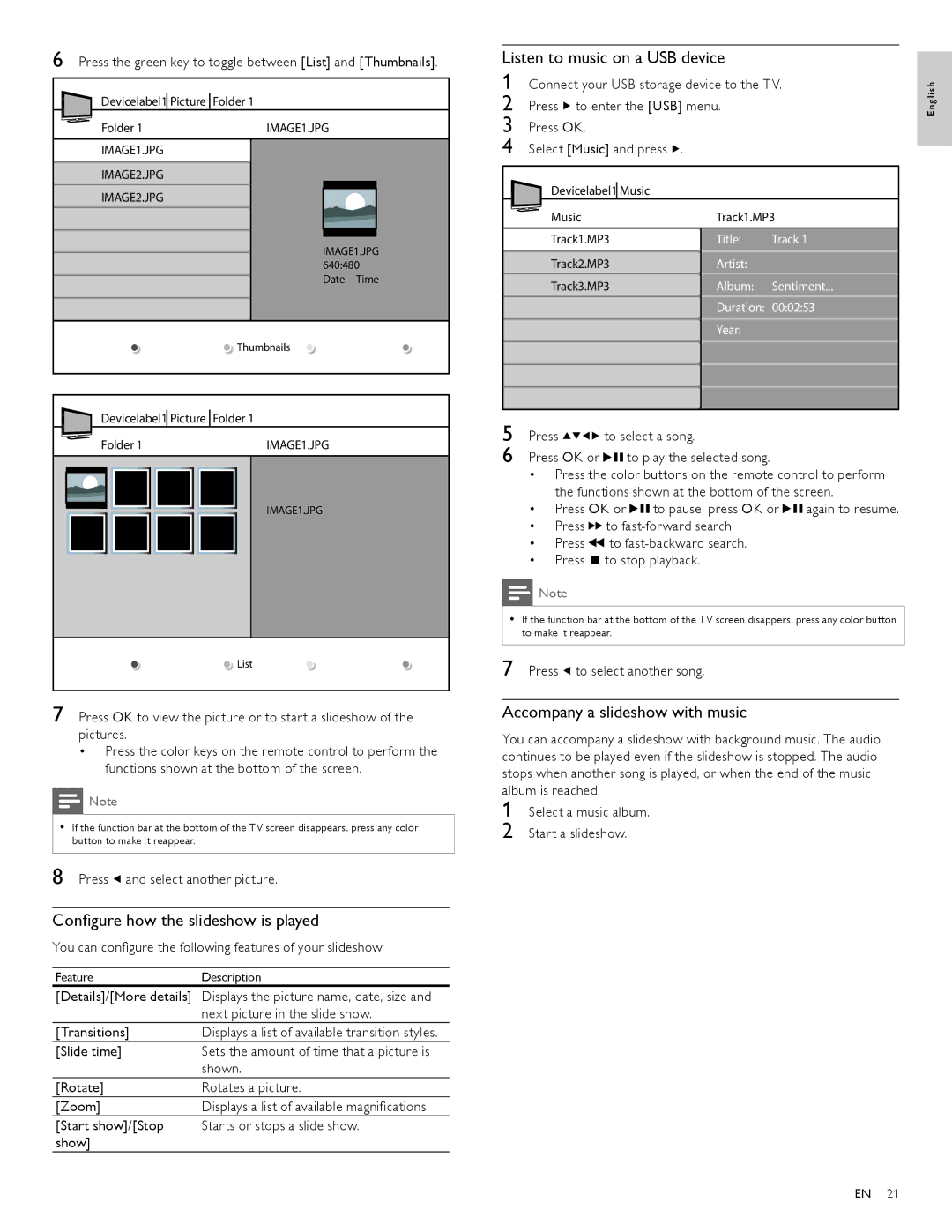 Philips 47PFL7704D Conﬁgure how the slideshow is played, Listen to music on a USB device, Accompany a slideshow with music 