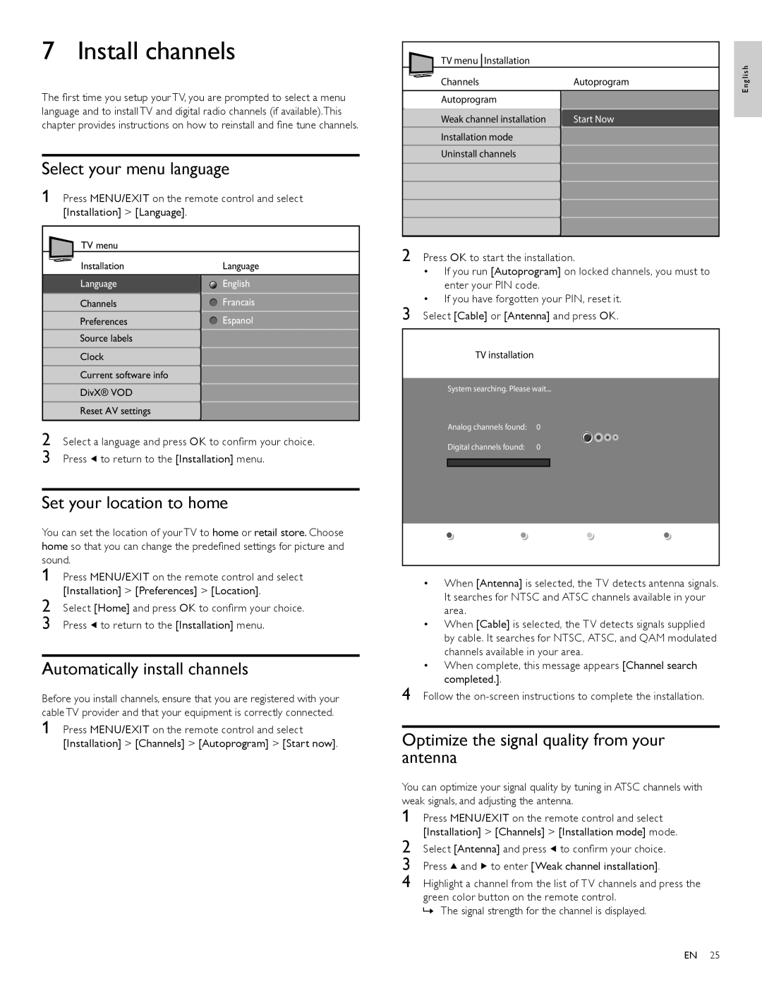 Philips 52PFL7704D Install channels, Select your menu language, Set your location to home, Automatically install channels 