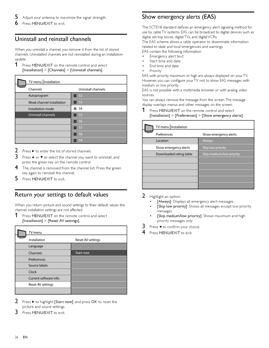 Philips 32PFL7704D Uninstall and reinstall channels, Return your settings to default values, Show emergency alerts EAS 