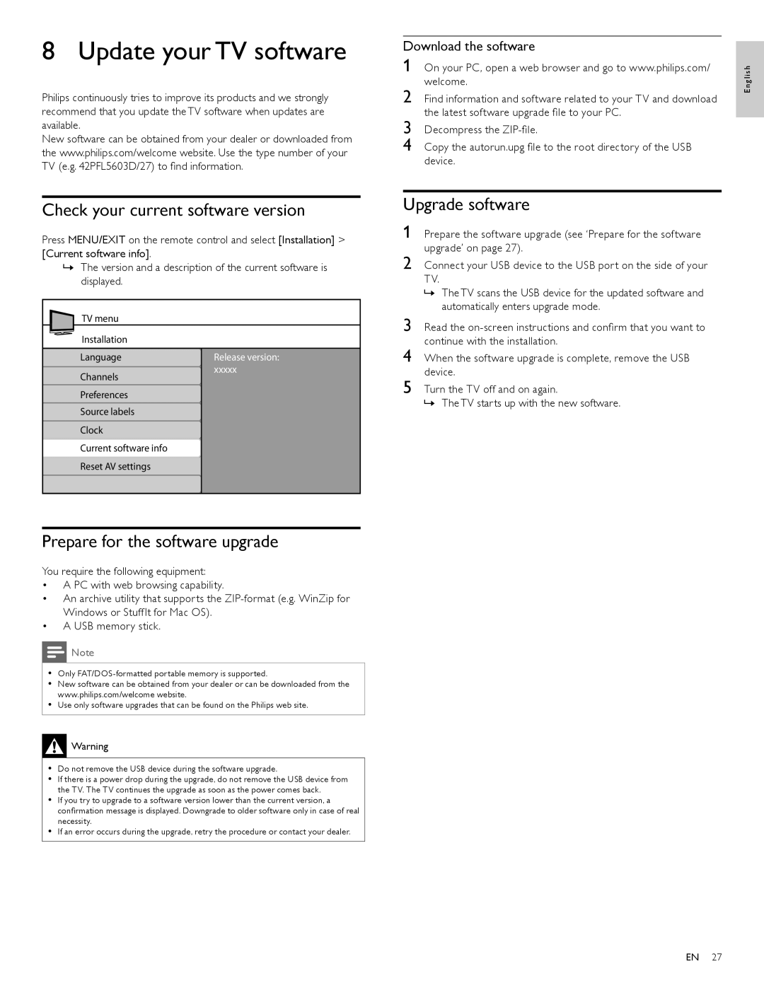 Philips 42PFL7704D Update your TV software, Check your current software version, Prepare for the software upgrade 