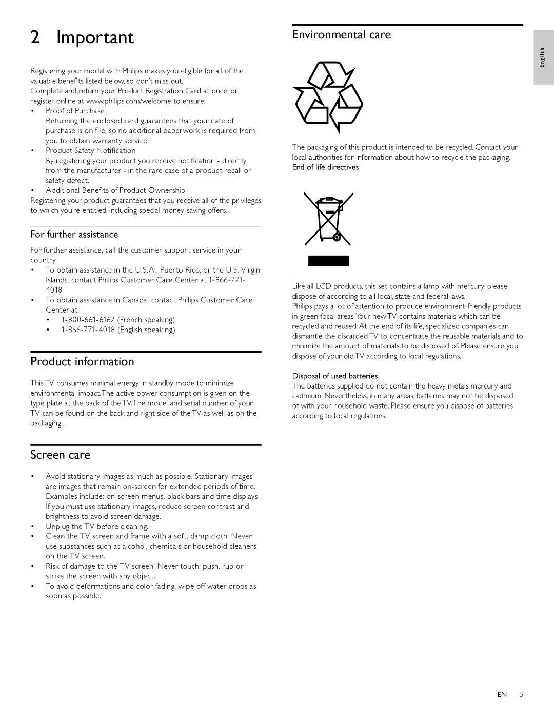 Philips 47PFL7704D, 52PFL6704D, 42PFL6704D Product information, Environmental care, Screen care, For further assistance 