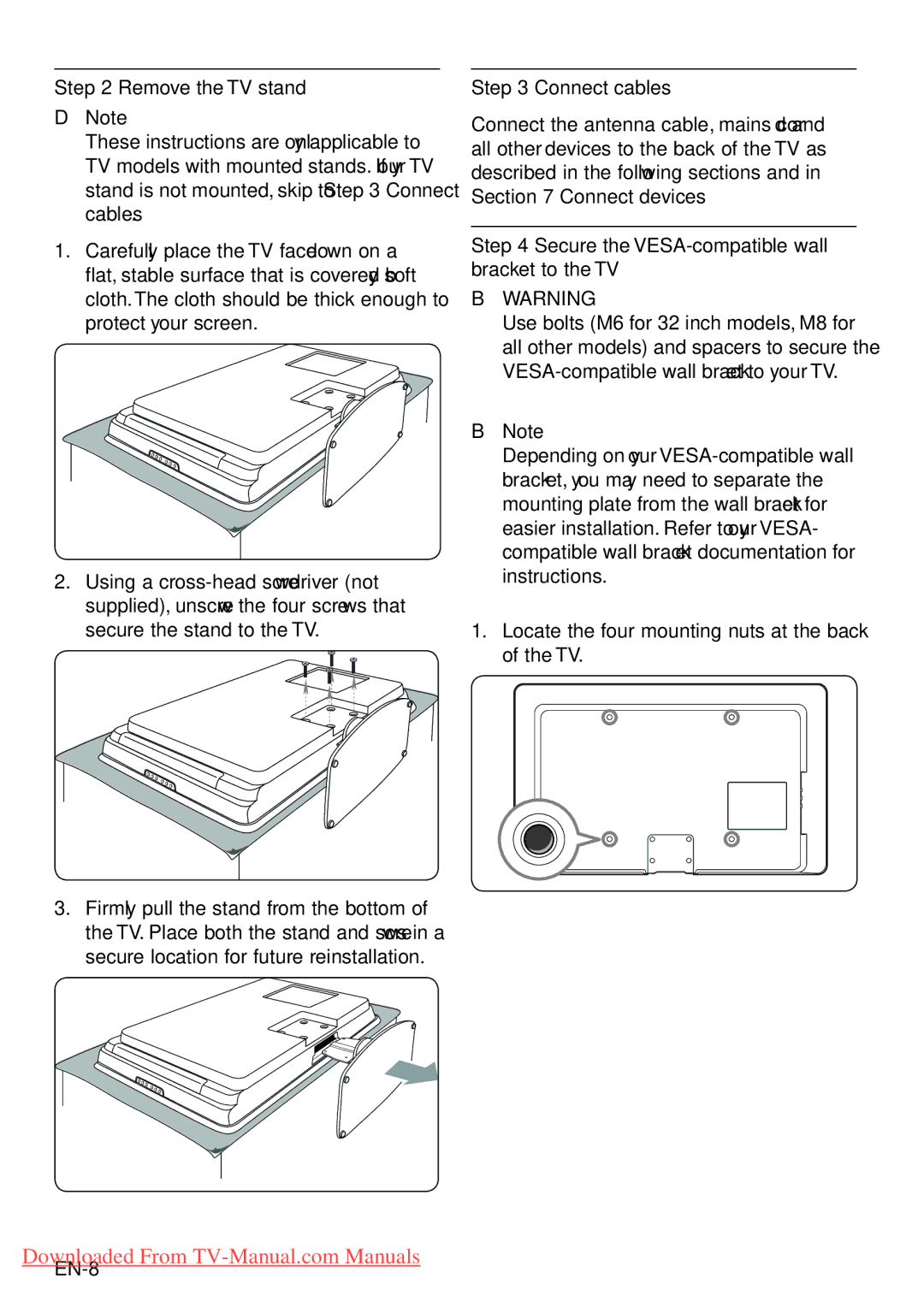 Philips 42PFL5203 Remove the TV stand DDNote, Connect cables, Secure the VESA-compatible wall bracket to the TV, BBNote 