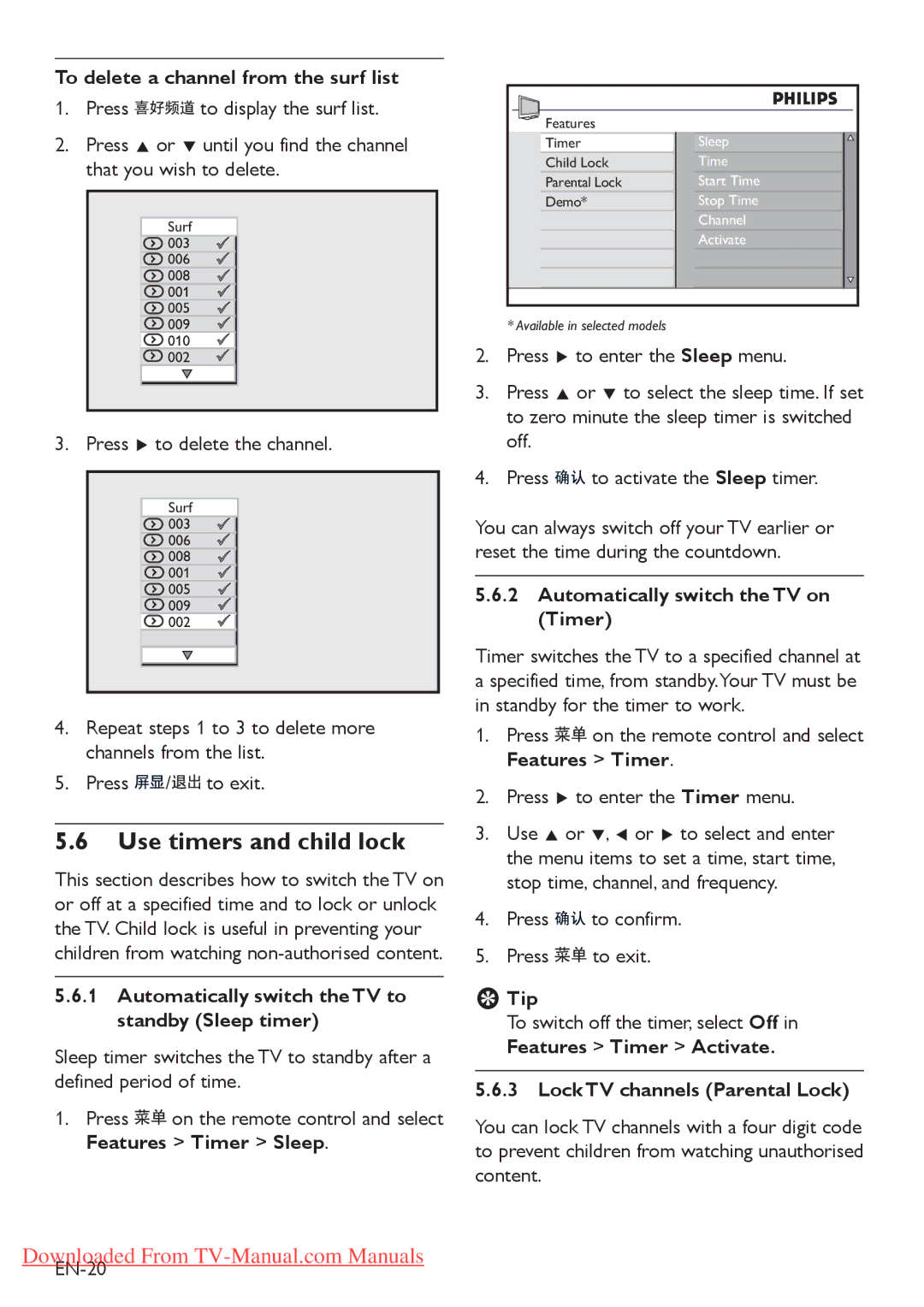 Philips 47PFL5403 Use timers and child lock, To delete a channel from the surf list, Automatically switch the TV on Timer 