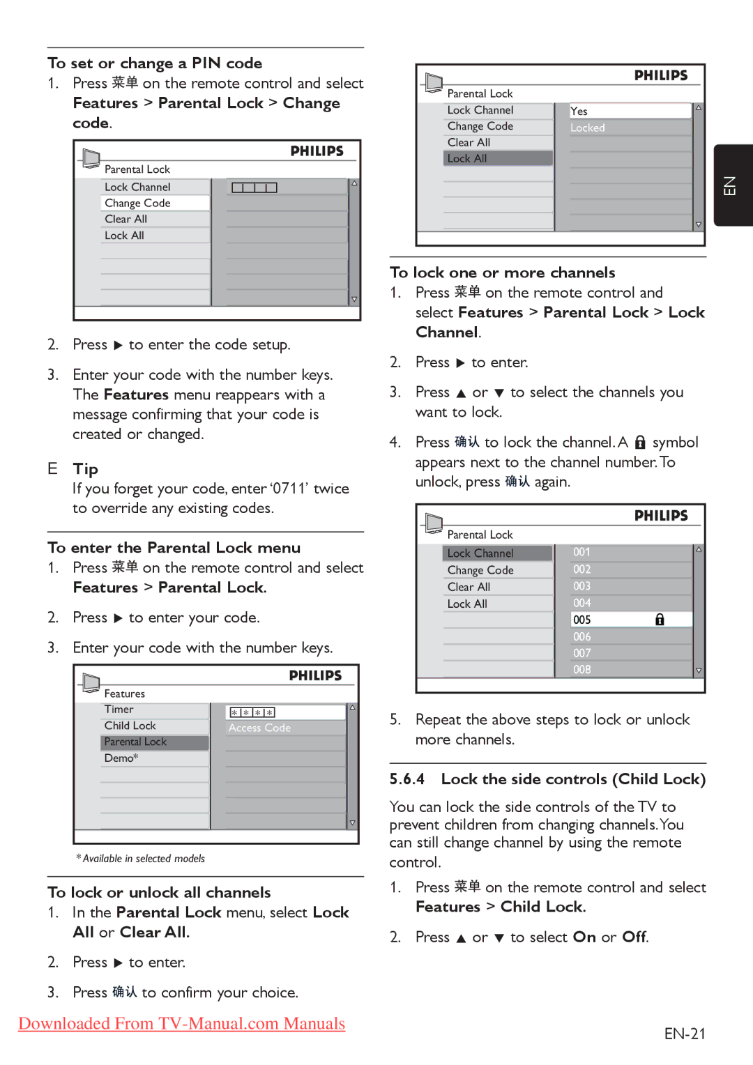 Philips 47PFL7403, 52PFL7403 To set or change a PIN code, To enter the Parental Lock menu, To lock or unlock all channels 