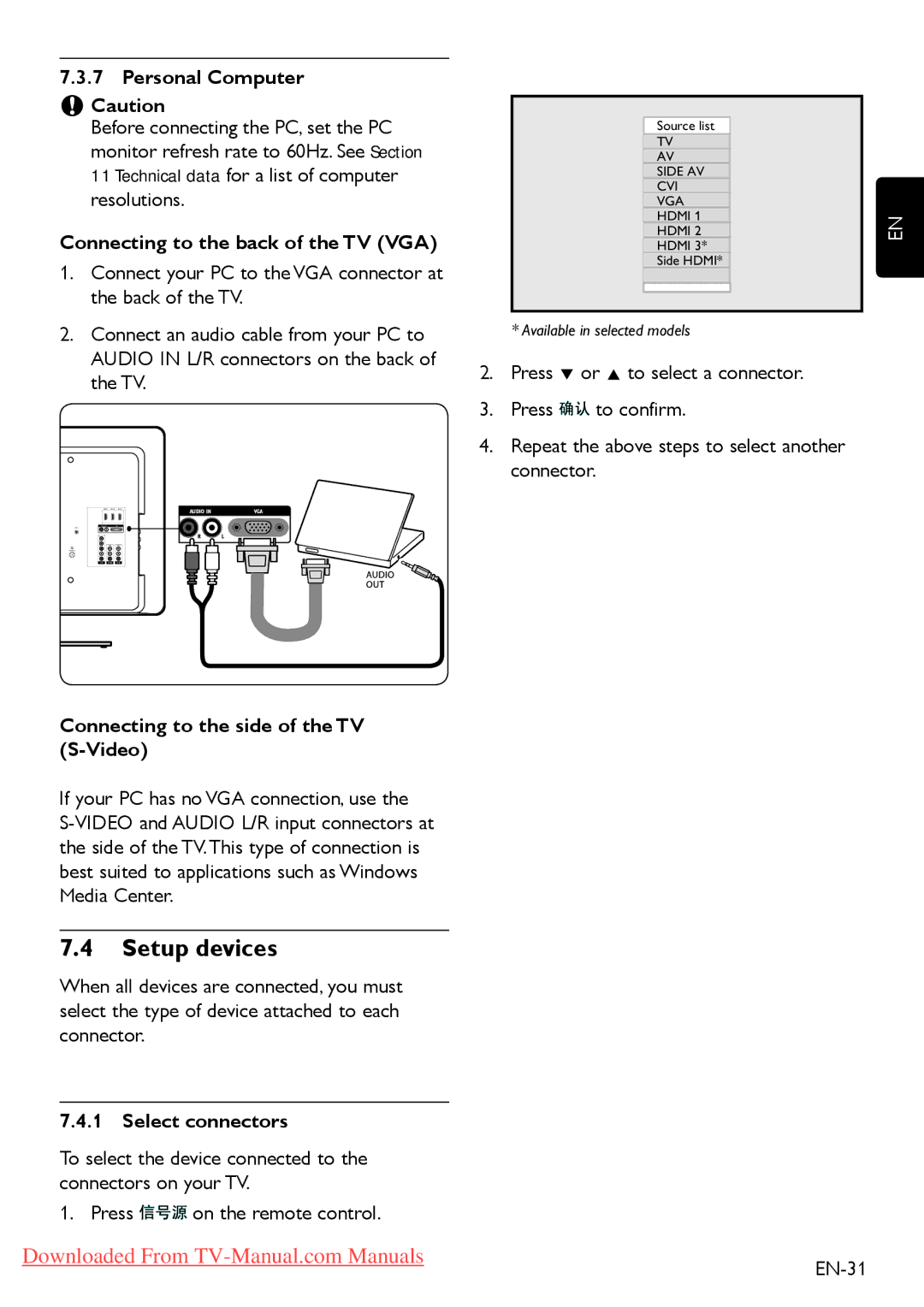 Philips 42PFL7403 Setup devices, Personal Computer CCCaution, Connecting to the back of the TV VGA, Select connectors 