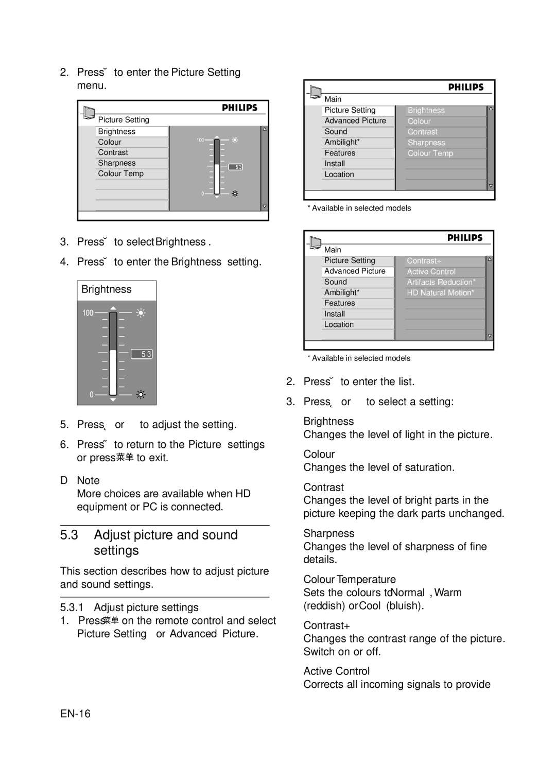 Philips 42PFL5403, 52PFL7403, 42PFL7403, 42PFL5203, 52PFL5403, 42PFL7603, 47PFL5403 user manual Adjust picture and sound settings 