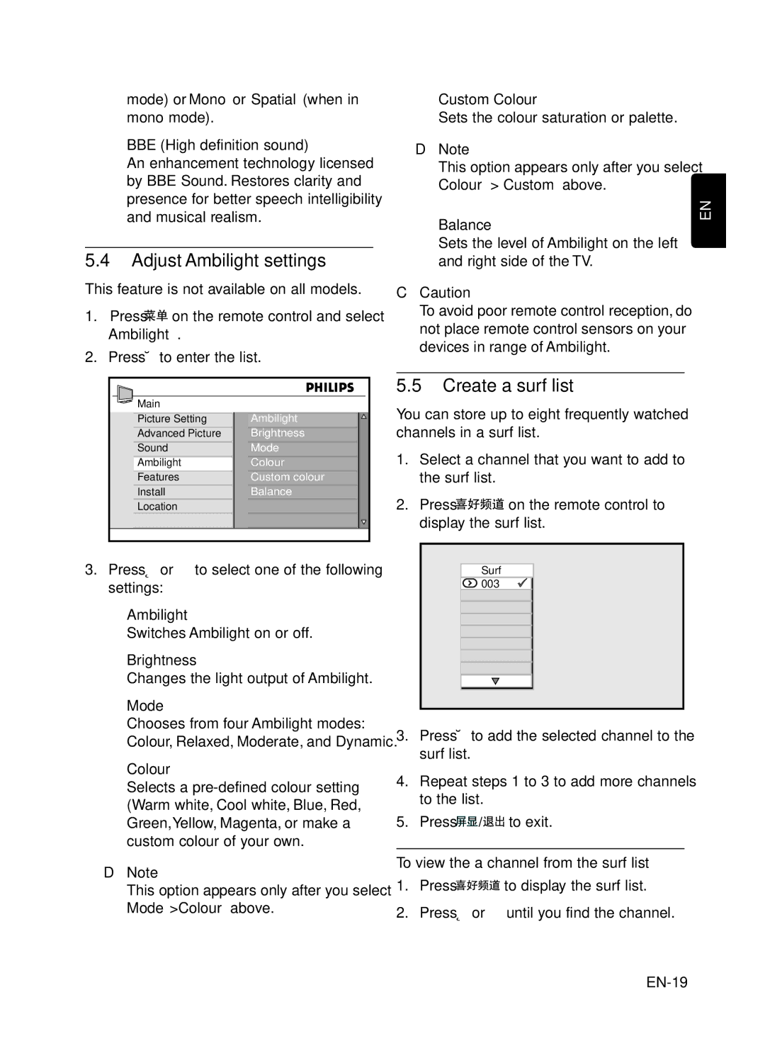 Philips 52PFL7403, 42PFL7403, 42PFL5203, 52PFL5403 Adjust Ambilight settings, Create a surf list, Mode, Custom Colour 