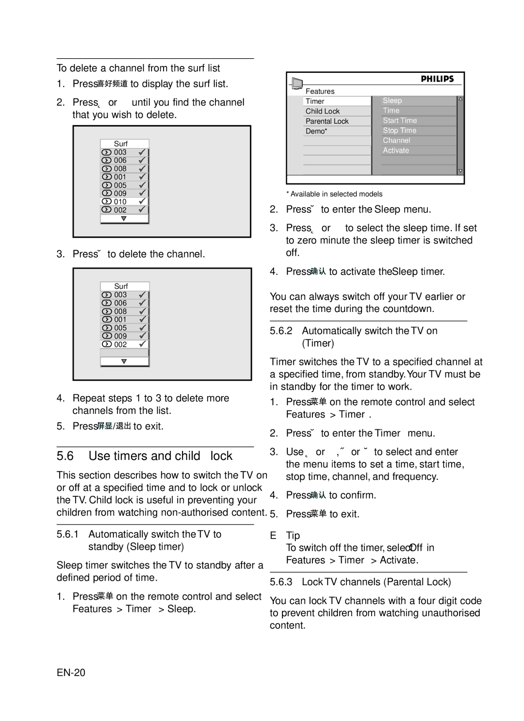 Philips 42PFL7403 Use timers and child lock, To delete a channel from the surf list, Automatically switch the TV on Timer 