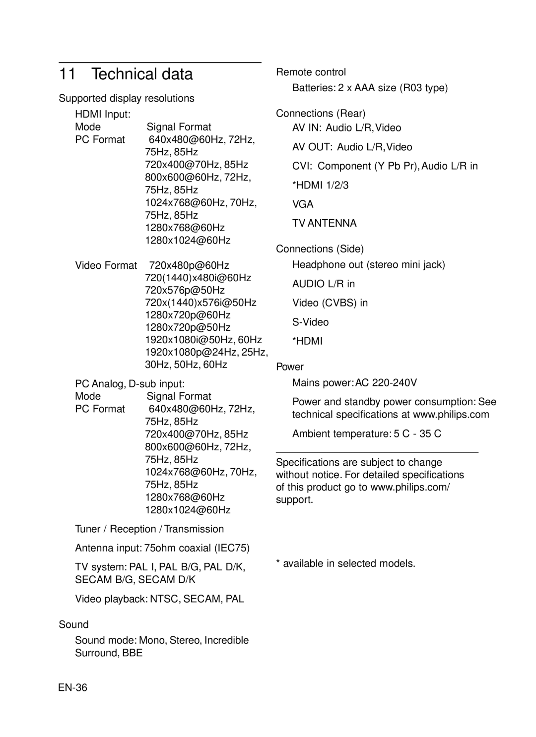 Philips 52PFL5403, 52PFL7403, 42PFL7403, 42PFL5203, 42PFL5403, 42PFL7603, 47PFL5403 user manual Technical data 