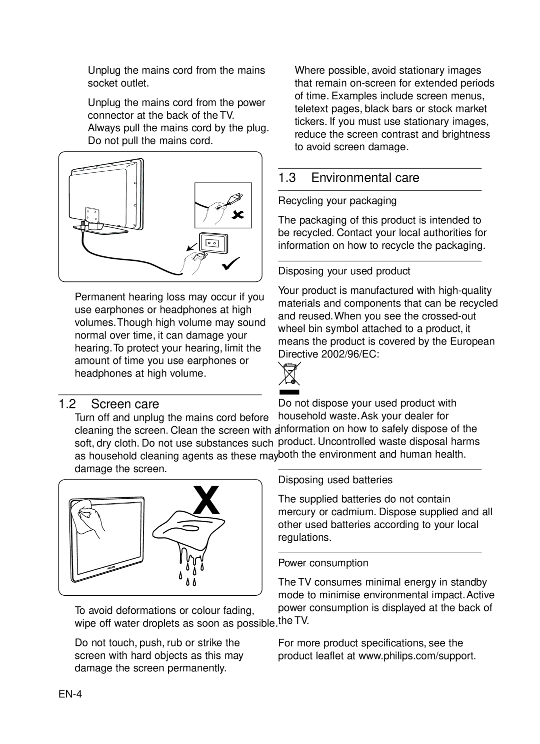 Philips 47PFL5403, 52PFL7403, 42PFL7403, 42PFL5203, 52PFL5403, 42PFL5403, 42PFL7603 user manual Screen care, Environmental care 