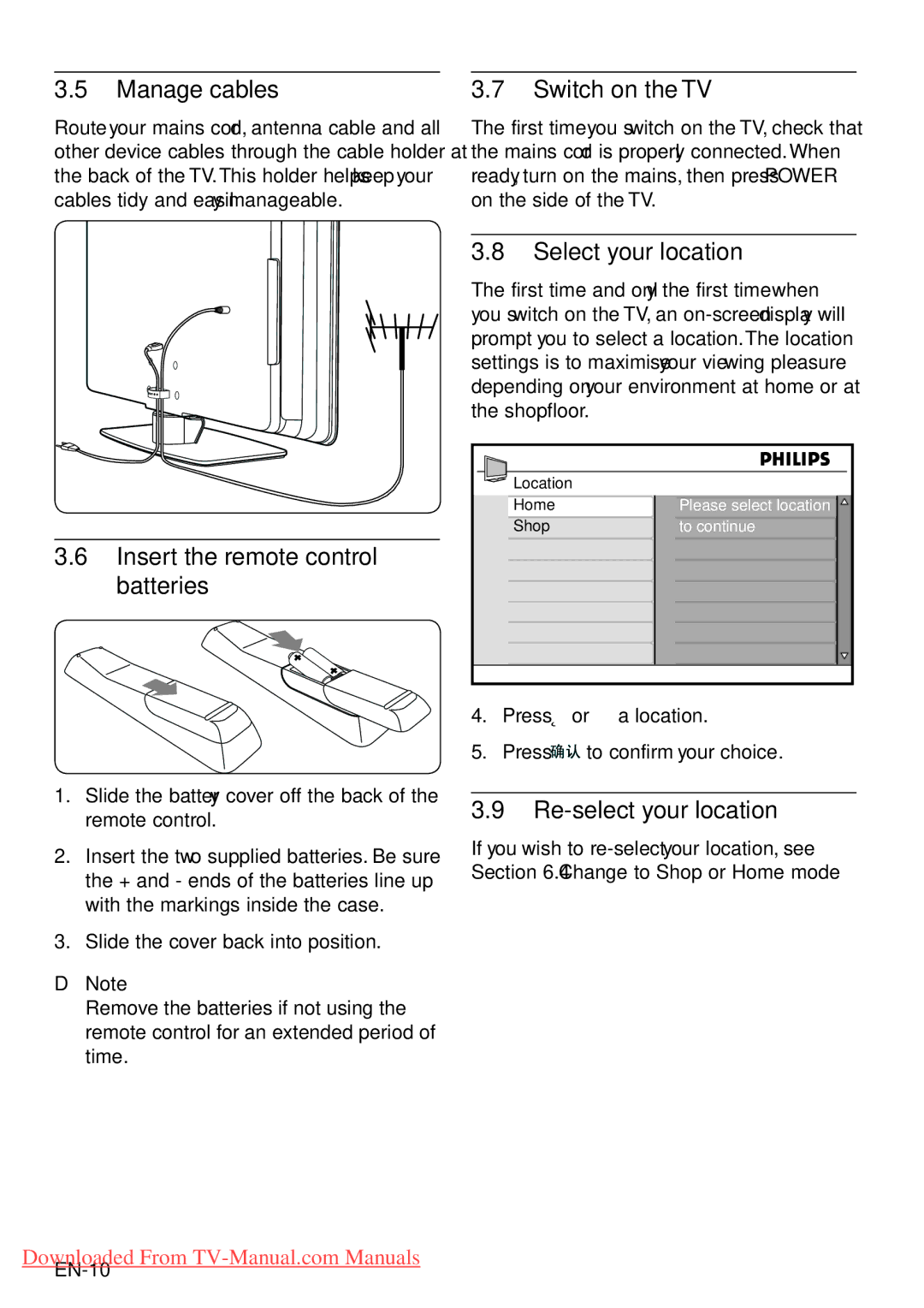 Philips 42PFL5403, 52PFL7403 Manage cables, Switch on the TV, Insert the remote control batteries, Select your location 