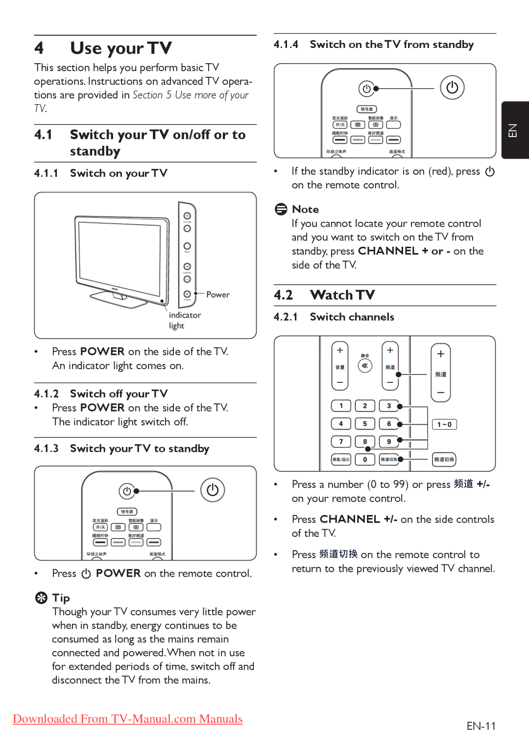 Philips 42PFL7603, 52PFL7403, 42PFL7403, 42PFL5203, 52PFL5403 Use your TV, Switch your TV on/off or to standby, Watch TV 