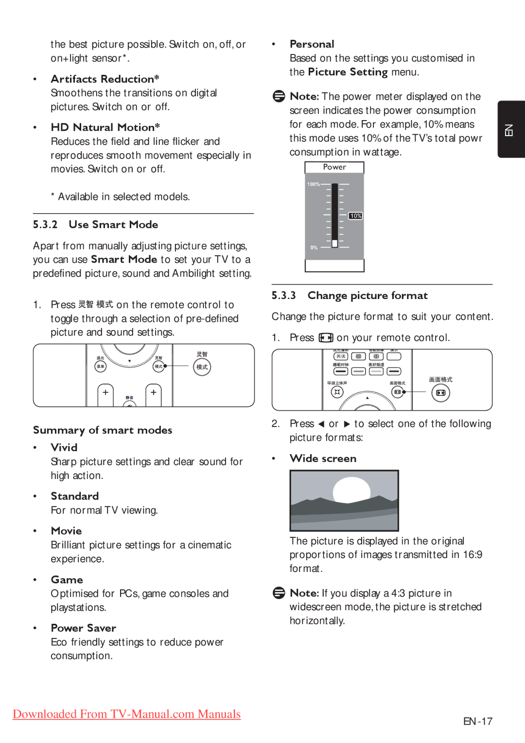 Philips 52PFL5403 Artifacts Reduction, HD Natural Motion, Use Smart Mode, Summary of smart modes Vivid, Standard, Movie 