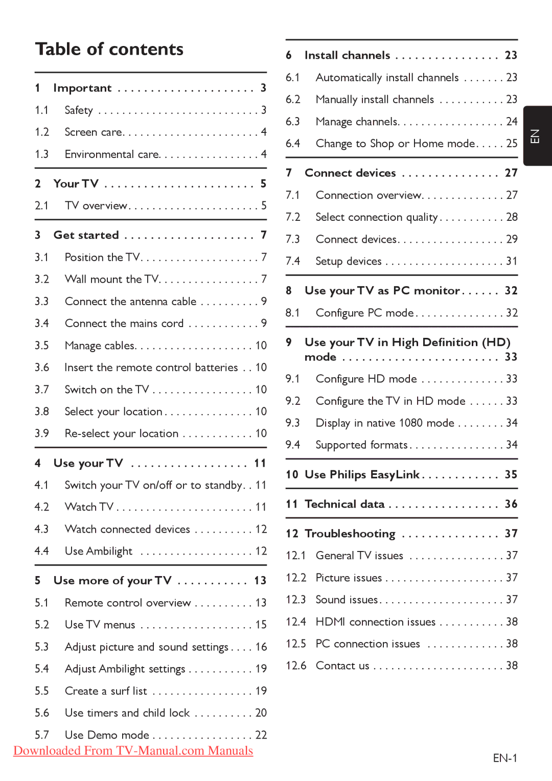 Philips 52PFL5403, 52PFL7403, 42PFL7403, 42PFL5203, 42PFL5403, 42PFL7603, 47PFL5403, 47PFL7403 user manual Table of contents 