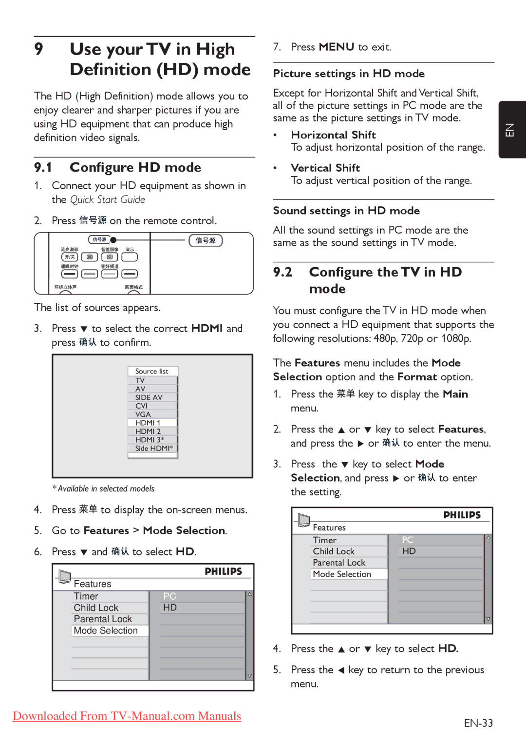 Philips 52PFL5403, 52PFL7403 Use your TV in High Definition HD mode, Configure HD mode, Configure the TV in HD mode 